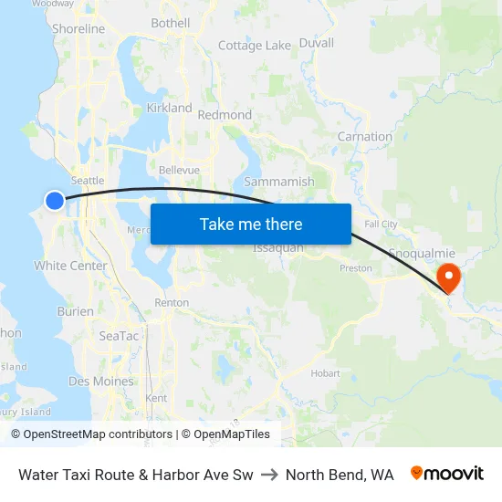 Water Taxi Route & Harbor Ave Sw to North Bend, WA map