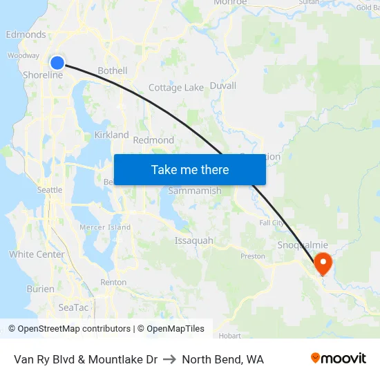 Van Ry Blvd & Mountlake Dr to North Bend, WA map