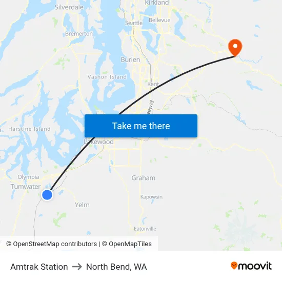 Amtrak Station to North Bend, WA map