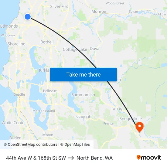 44th Ave W & 168th St SW to North Bend, WA map