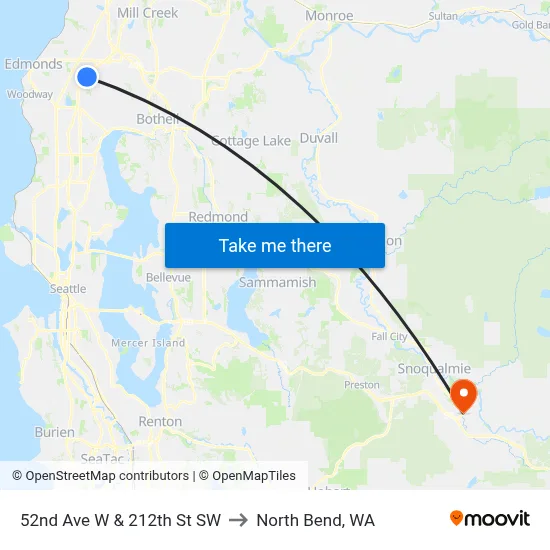 52nd Ave W & 212th St SW to North Bend, WA map