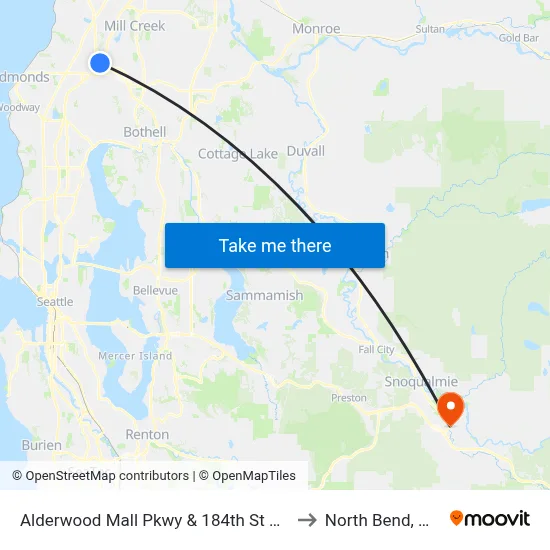 Alderwood Mall Pkwy & 184th St SW to North Bend, WA map