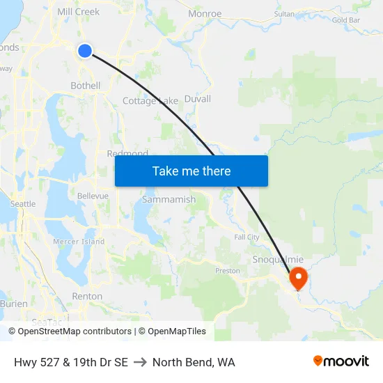 Hwy 527 & 19th Dr SE to North Bend, WA map