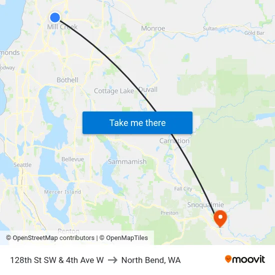 128th St SW & 4th Ave W to North Bend, WA map