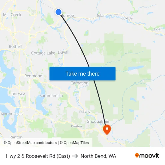 Hwy 2 & Roosevelt Rd (East) to North Bend, WA map