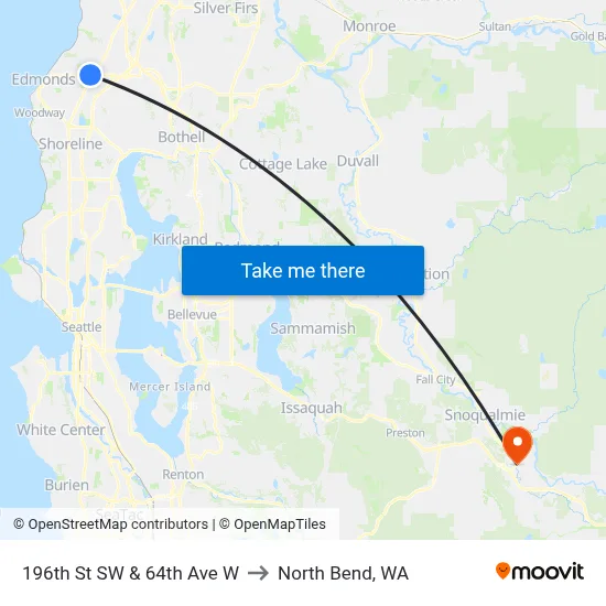 196th St SW & 64th Ave W to North Bend, WA map