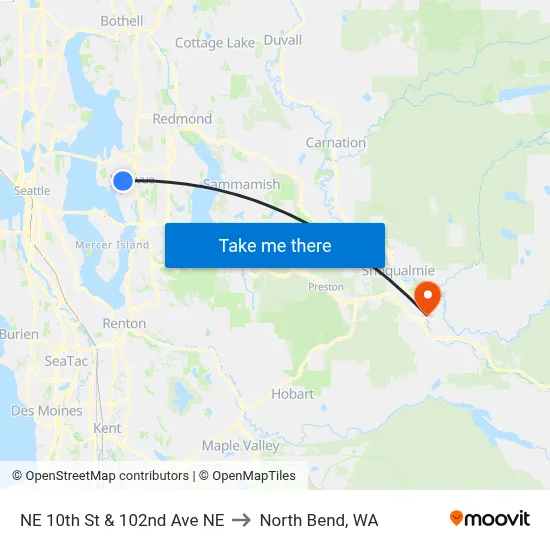 NE 10th St & 102nd Ave NE to North Bend, WA map