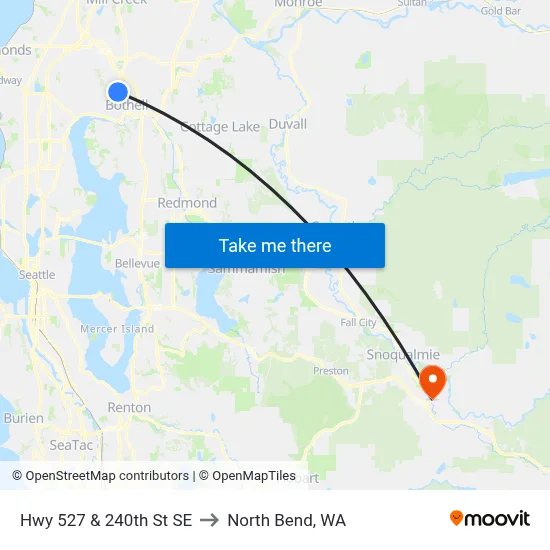 Hwy 527 & 240th St SE to North Bend, WA map