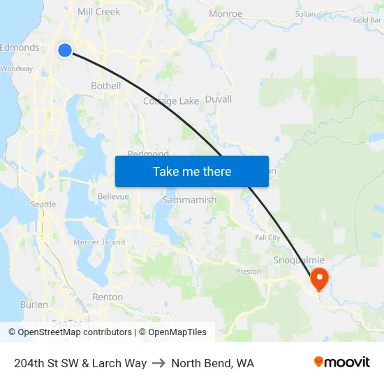 204th St SW & Larch Way to North Bend, WA map