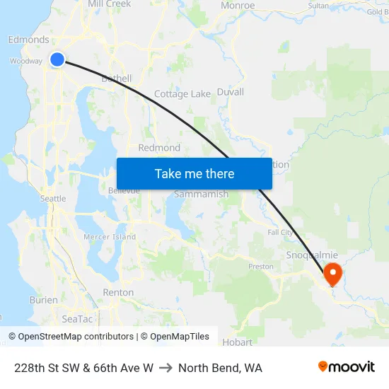 228th St SW & 66th Ave W to North Bend, WA map