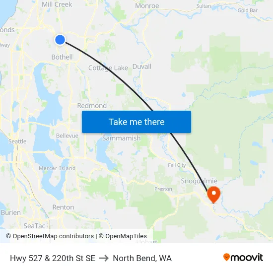 Hwy 527 & 220th St SE to North Bend, WA map