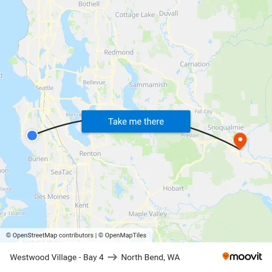 Westwood Village - Bay 4 to North Bend, WA map