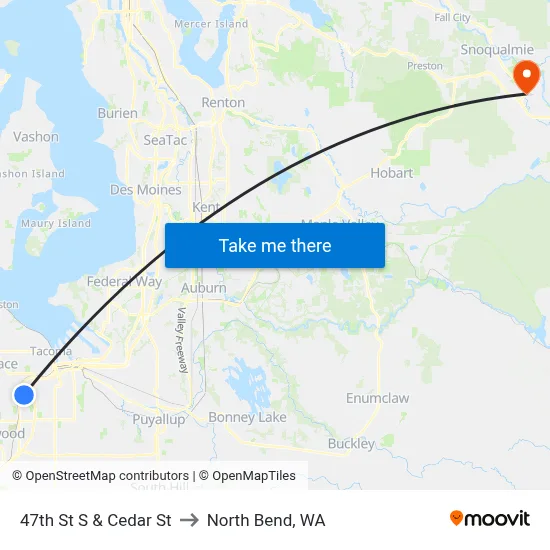 47th St S & Cedar St to North Bend, WA map