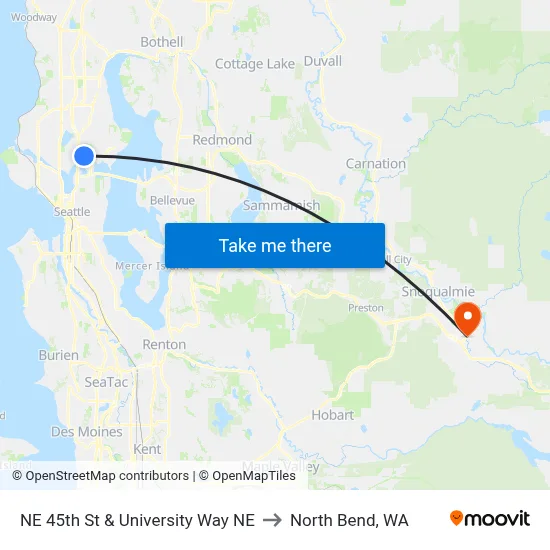 NE 45th St & University Way NE to North Bend, WA map