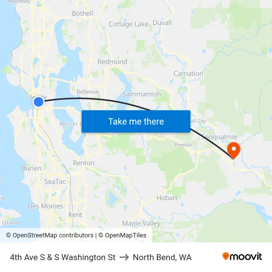 4th Ave S & S Washington St to North Bend, WA map
