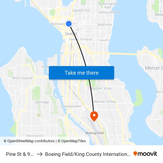 Pine St & 9th Ave to Boeing Field / King County International Airport (BFI) map