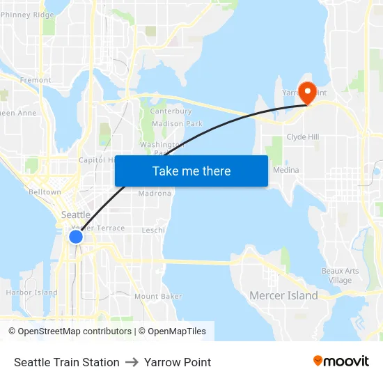 Seattle Train Station to Yarrow Point map