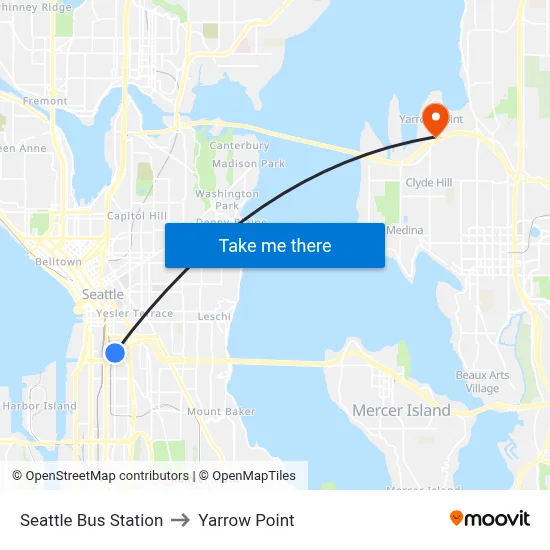 Seattle Bus Station to Yarrow Point map