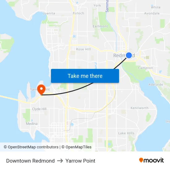 Downtown Redmond to Yarrow Point map