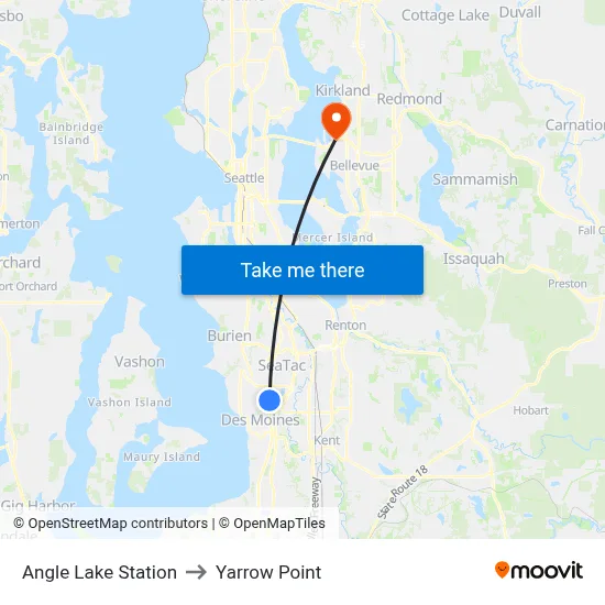 Angle Lake Station to Yarrow Point map