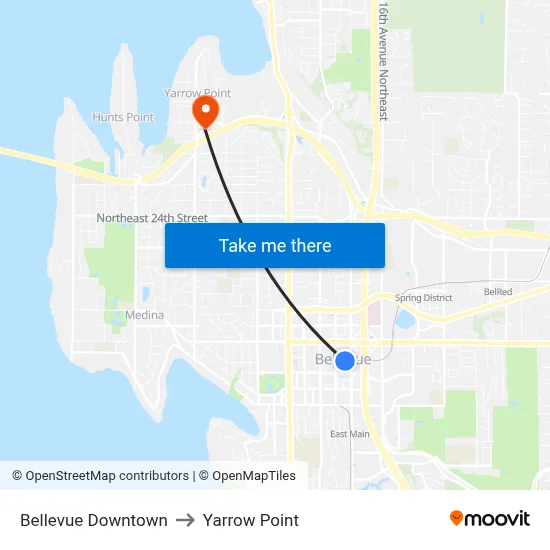 Bellevue Downtown to Yarrow Point map