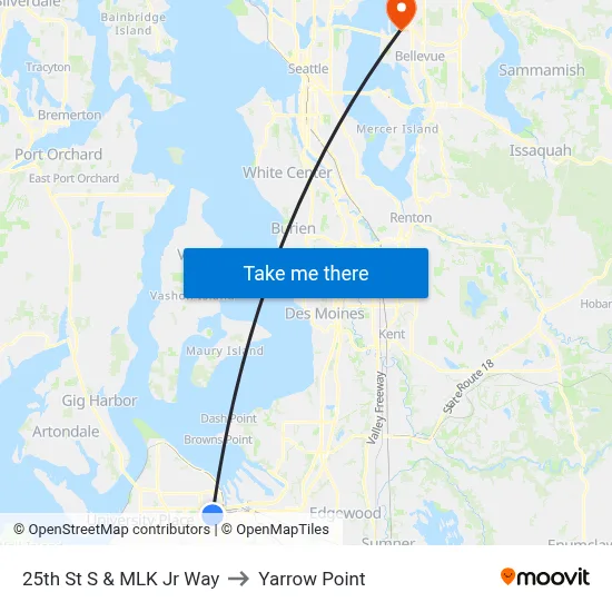 25th St S & MLK Jr Way to Yarrow Point map