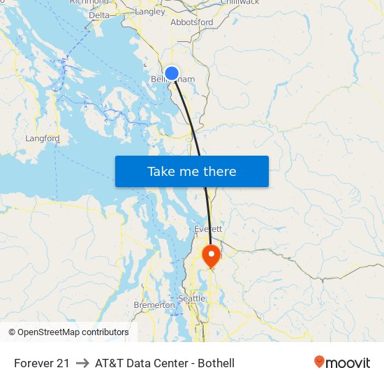 Forever 21 to AT&T Data Center - Bothell map