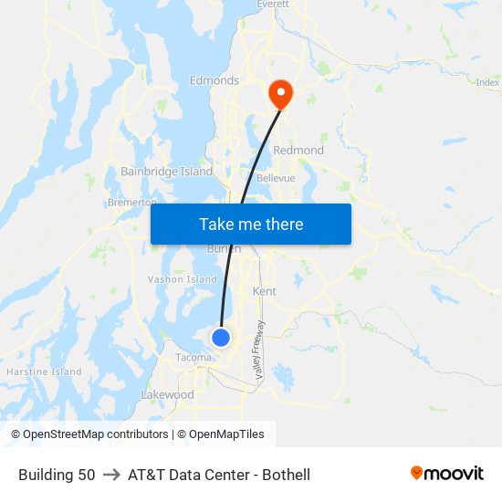 Building 50 to AT&T Data Center - Bothell map