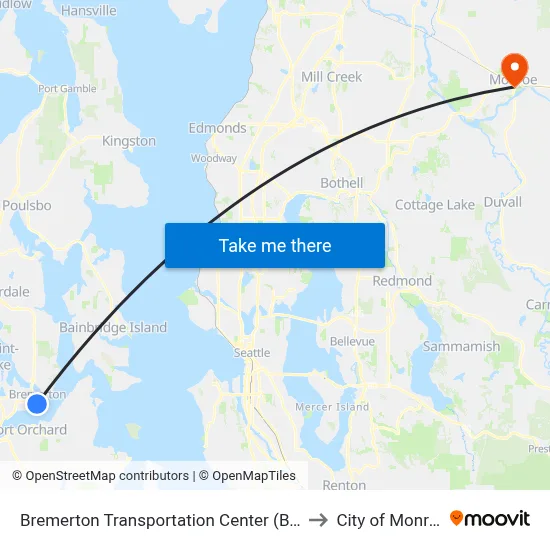 Bremerton Transportation Center (BTC) to City of Monroe map