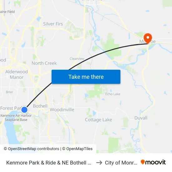 Kenmore Park & Ride & NE Bothell Way to City of Monroe map