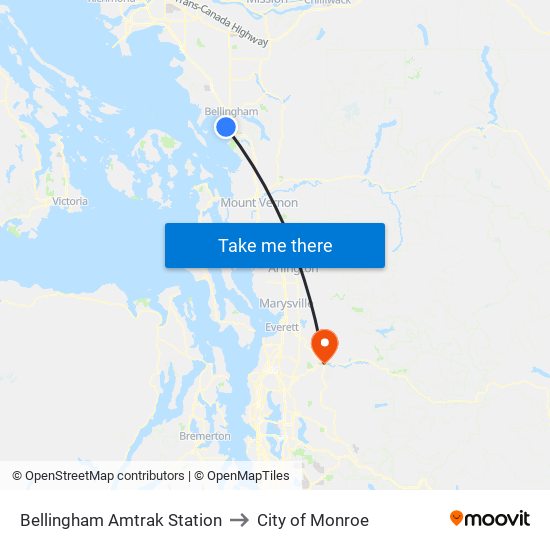 Bellingham Amtrak Station to City of Monroe map