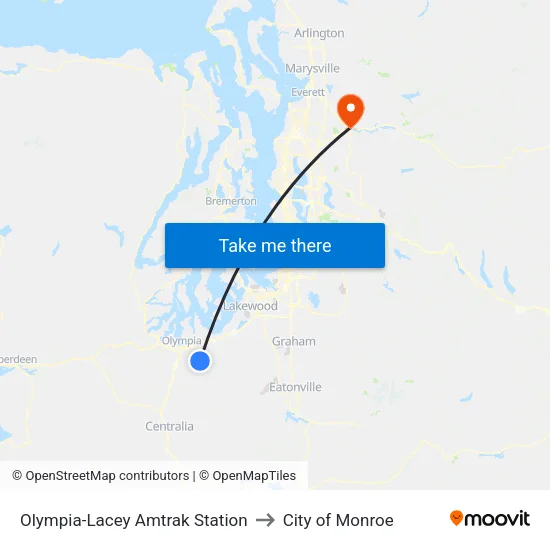 Olympia-Lacey Amtrak Station to City of Monroe map