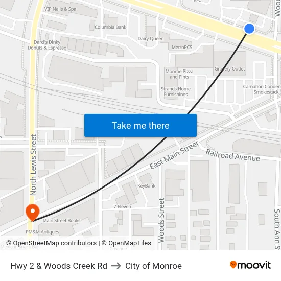 Hwy 2 & Woods Creek Rd to City of Monroe map