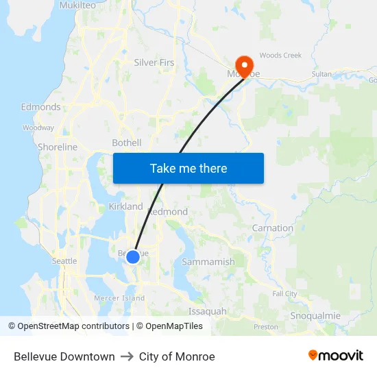 Bellevue Downtown to City of Monroe map