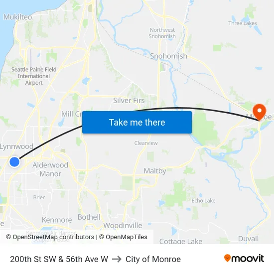 200th St SW & 56th Ave W to City of Monroe map