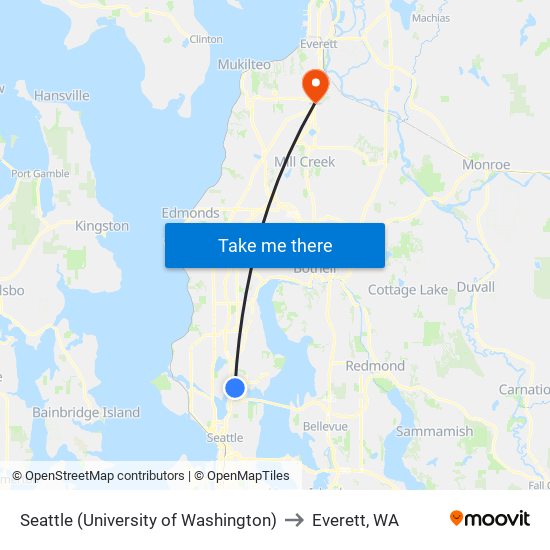 Seattle (University of Washington) to Everett, WA map