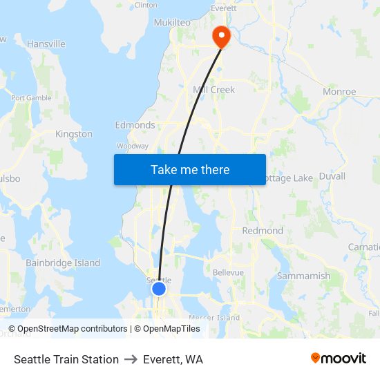 Seattle Train Station to Everett, WA map