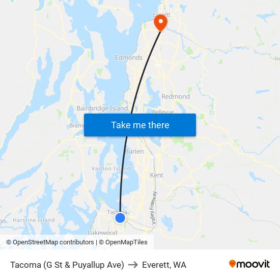 Tacoma (G St & Puyallup Ave) to Everett, WA map