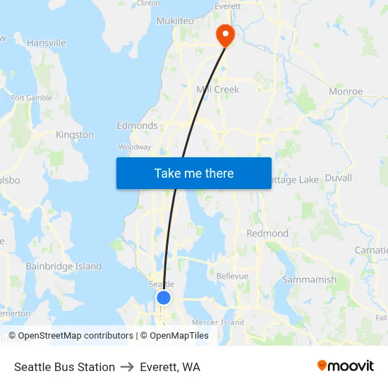 Seattle Bus Station to Everett, WA map