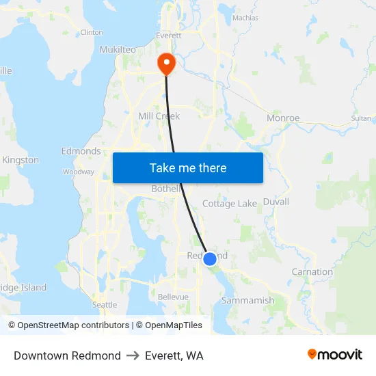 Downtown Redmond to Everett, WA map