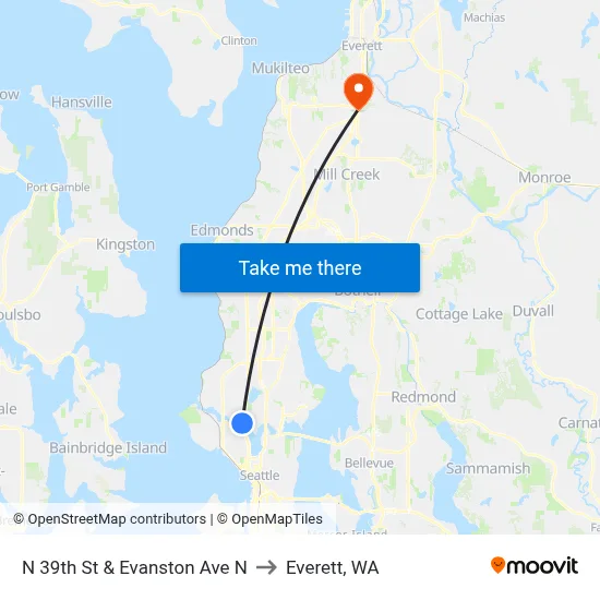 N 39th St & Evanston Ave N to Everett, WA map