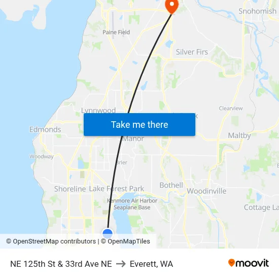 NE 125th St & 33rd Ave NE to Everett, WA map