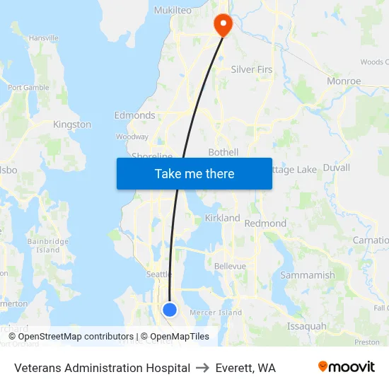 Veterans Administration Hospital to Everett, WA map
