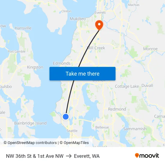 NW 36th St & 1st Ave NW to Everett, WA map