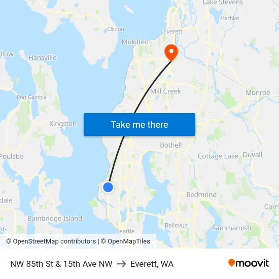 NW 85th St & 15th Ave NW to Everett, WA map