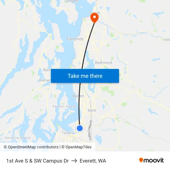 1st Ave S & SW Campus Dr to Everett, WA map
