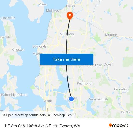 NE 8th St & 108th Ave NE to Everett, WA map