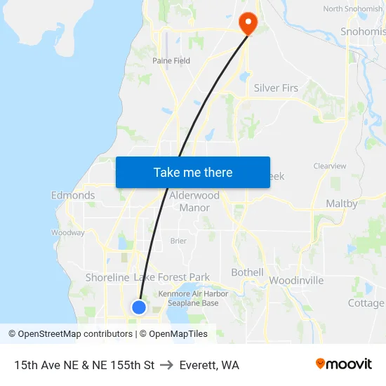 15th Ave NE & NE 155th St to Everett, WA map