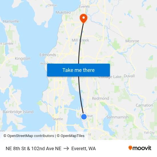 NE 8th St & 102nd Ave NE to Everett, WA map