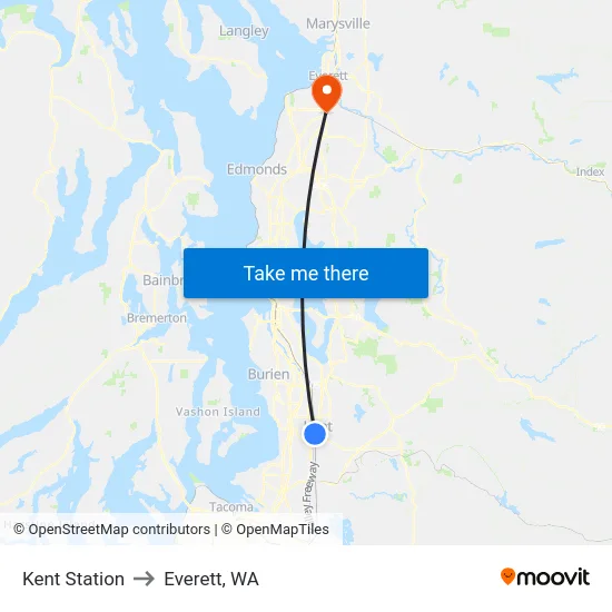 Kent Station to Everett, WA map